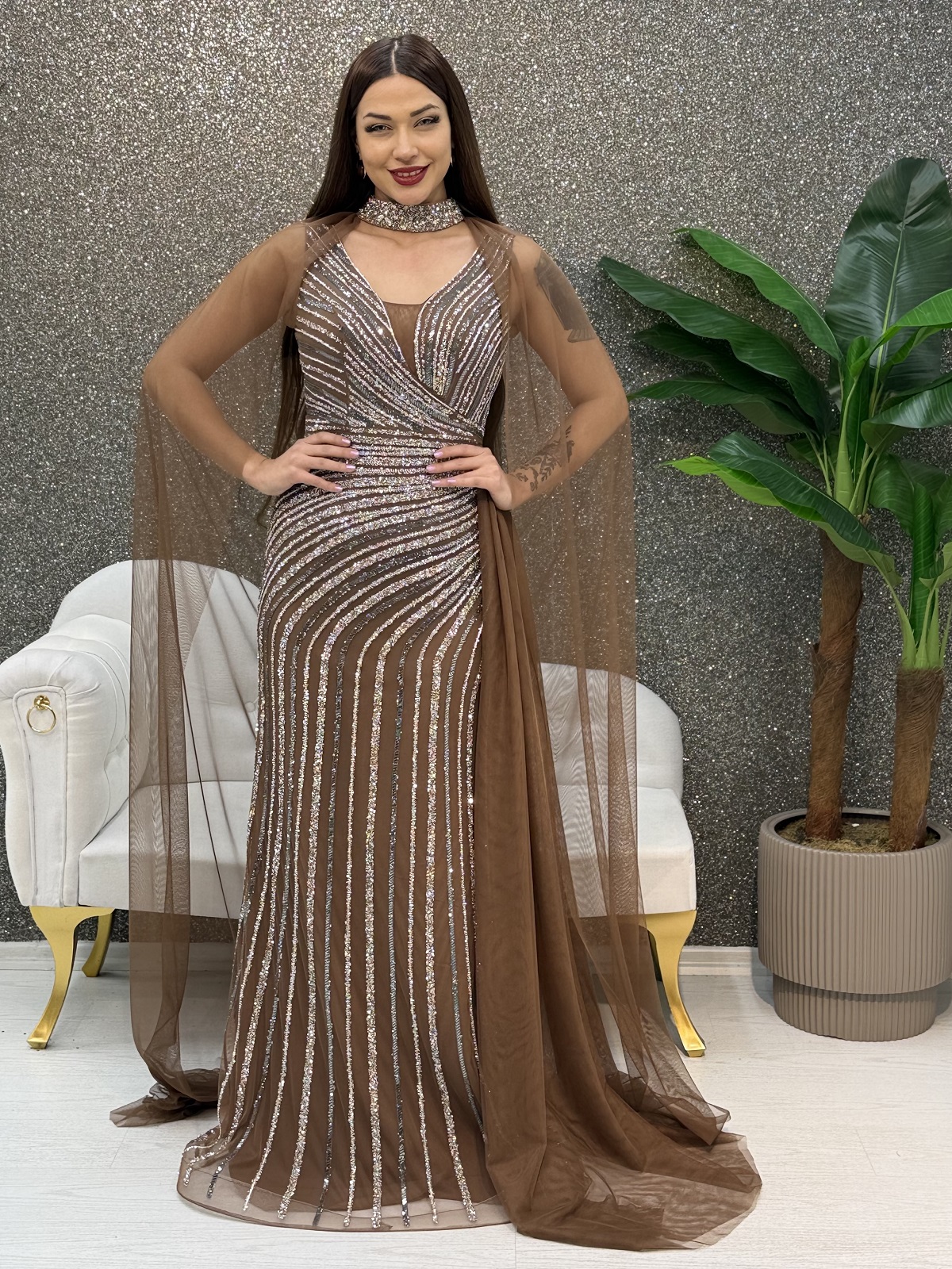 BOYUNDAN PELERİNLİ KALIN ASKILI TAS BASKI BALIK ABIYE 1286